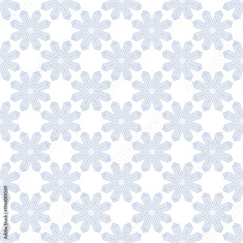 Vector seamless pattern with subtle geometric snowflakes. Christmas winter background texture with delicate linear floral stars, striped ornament. Soft blue and white design for holiday decor, textile