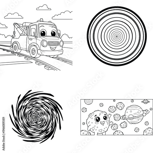 Coloring page designs: cute tow truck, swirling spiral, and cosmic planet art, concentric circles