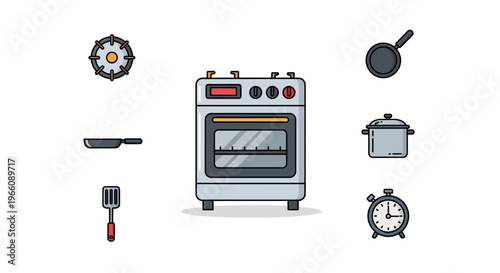 Oven with kitchen utensils and tools.