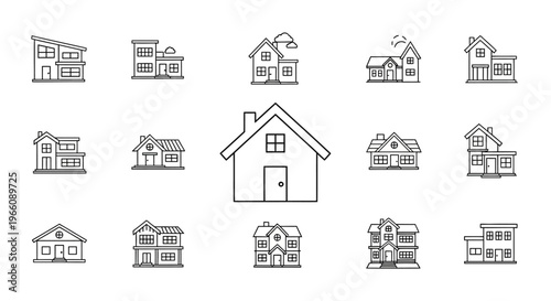 Various house and building line icons.