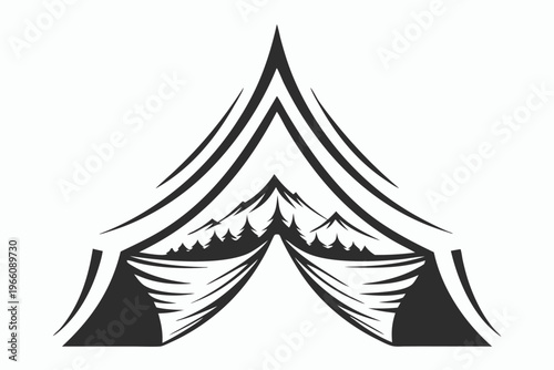 Black and White Outdoor Recreation Concept of a Tent Door Opening to a Mountain Range