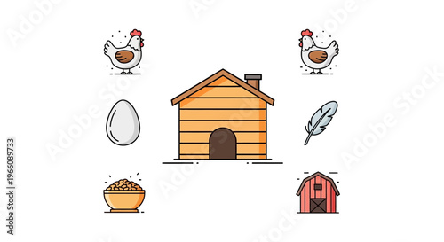 chicken coop with chickens and eggs.