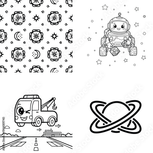 Playful pattern and cute character coloring pages: robots and vehicles with coloring page