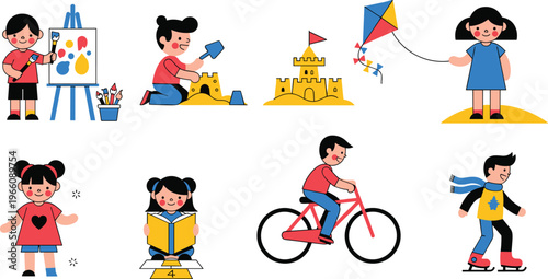Children’s Fun Activities Set Featuring Drawing, Sandcastle Building, Kite Flying, Cycling, and Skating Illustrations for Play and Creativity