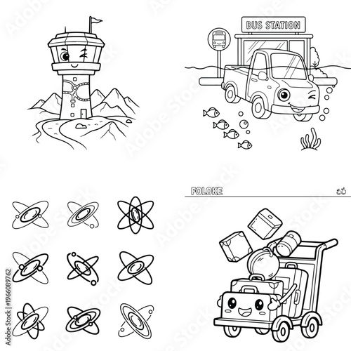 Creative coloring pages: cute vehicles, towers, and atomic designs for kids, tow truck, control towe