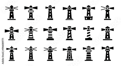 Lighthouse icons, black silhouette windmill symbols, nautical navigation signs, vector graphics
