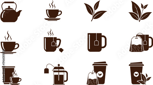 Collection of tea icons including teapot, cups, tea bags, and tea leaves, isolated on transparent background