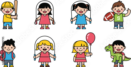 Children Playing Set Featuring Kids with Toys, Jump Rope, Football, Bat, Balloon, and Dinosaur for Fun and Outdoor Activities Illustrations