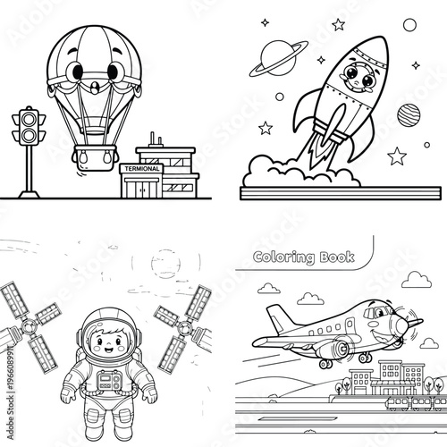 Kids coloring page set with cute space rocket astronaut airplane and hot air balloon line art