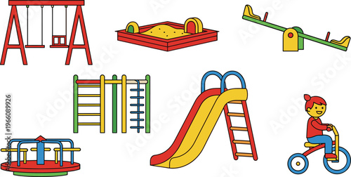 Children's Playground Equipment Set Featuring Swing, Slide, Seesaw, Sandbox, Tricycle, and Climbing Frame for Play and Outdoor Fun Illustrations