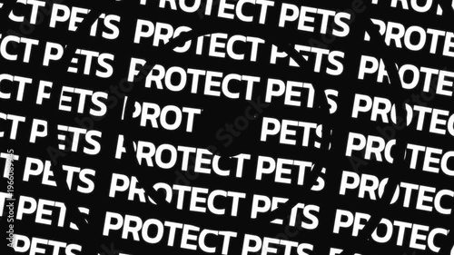 Rotating circular text animation displaying protect pets phrase arranged in concentric motion with central empty space for overlay content.