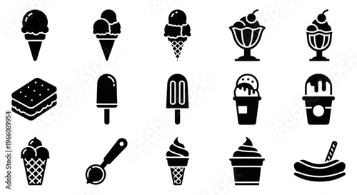 Black ice cream, dessert, and frozen treat icons, 13 symbol set, vector graphics