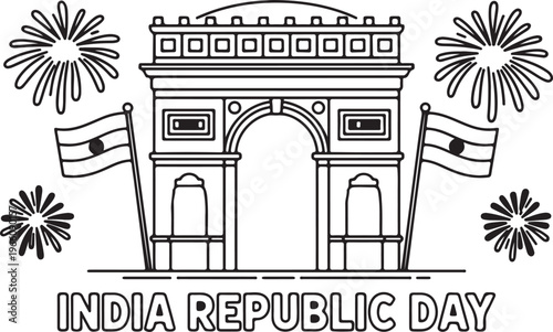 India Republic Day Celebration with Gate Monument Flags and Fireworks Display