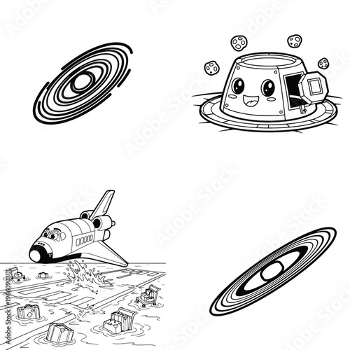 Cute cartoon space elements collection with spaceship, galaxy, and shuttle for children's design