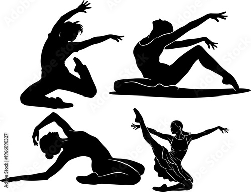 Set of silhouettes of female dancers performing various graceful poses and movements