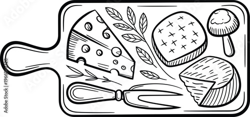 Hand drawn cheese board with different types of cheese, a cheese fork and herbs