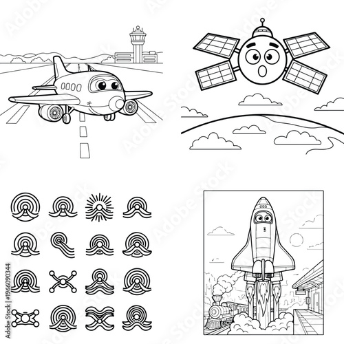 Cute cartoon airplane, rocket launch, satellite, and abstract wave icons vector art, space shuttle