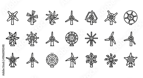 Wind turbine icons, renewable energy symbols, sustainable power graphics, 20 black line art illustrations