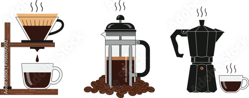 Coffee Brewing Methods Featuring Pour-Over, French Press, and Moka Pot for Coffee Enthusiasts and Brewing Equipment Illustrations