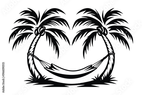 Minimalist Beach Scene Silhouette with Palm Trees and Hammock for Summer Vacation Design