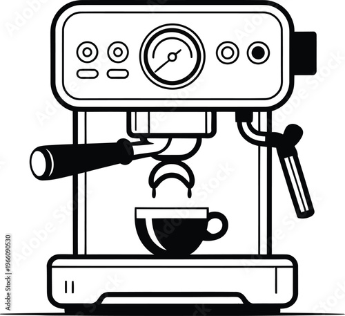 Vector illustration of a professional espresso coffee machine with a portafilter and a cup