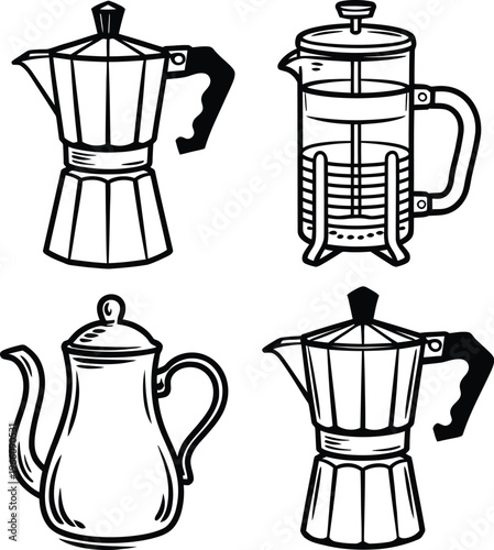 Set of coffee makers, moka pot and french press, vector illustration
