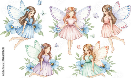 Five beautiful whimsical fairies in different colored dresses surrounded by flowers and foliage in a fantasy setting