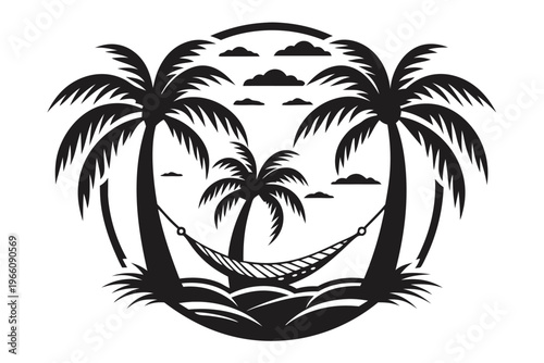 Black and White Vector Silhouette of a Relaxing Hammock Between Palm Trees Beach Concept