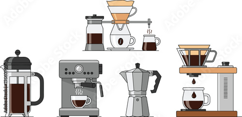 Coffee Brewing Equipment Collection Featuring French Press, Espresso Machine, Moka Pot, Pour-Over, and Drip Coffee Maker
