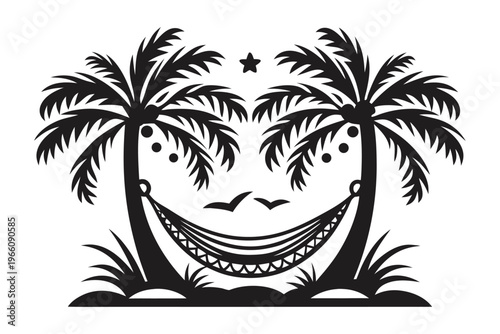 Coastal Summer Vacation Silhouette with Palm Tree and Hanging Hammock Graphic Illustration