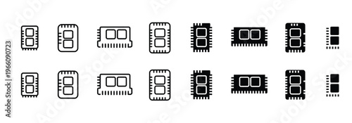 Collection of various computer microchip and circuit board icons in black and white