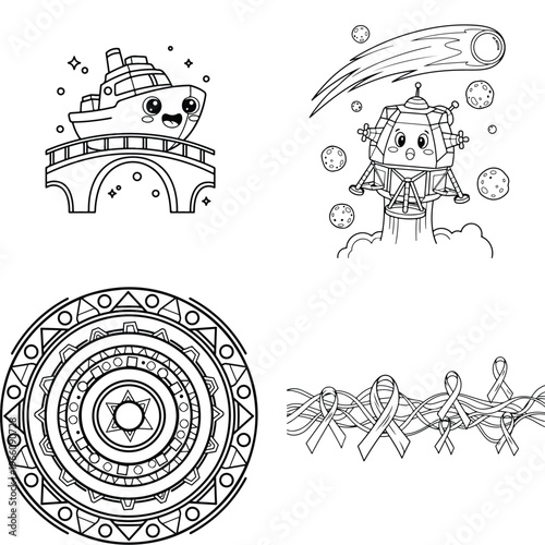 Collection of cartoon transportation and space icons for kids coloring book and activities