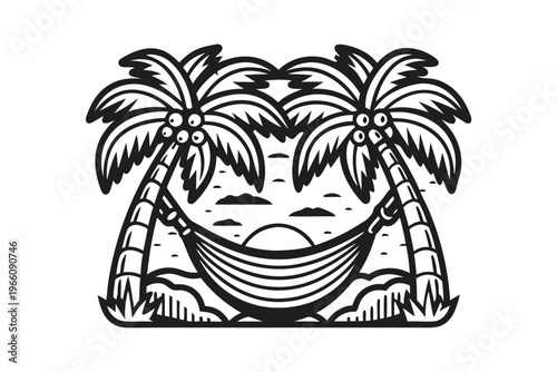 Serene Beach Hammock and Palm Tree Silhouette Illustration for Travel Branding