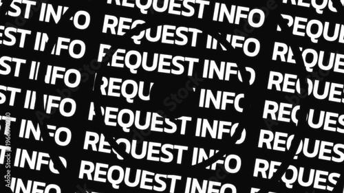 Rotating circular text animation displaying request info phrase arranged in concentric motion with central empty space for overlay content.