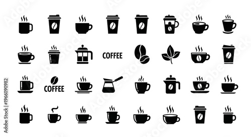 Black coffee icons, vector coffee cups, mugs and beans, 25 coffee symbols