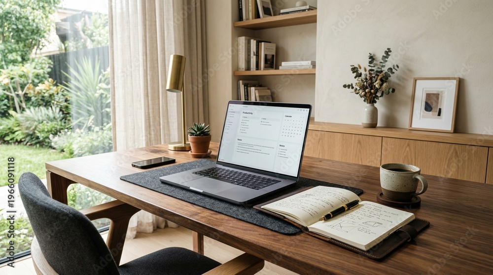 Fototapeta premium A modern office desk setup with a laptop, notebook, coffee cup, and a cozy work atmosphere