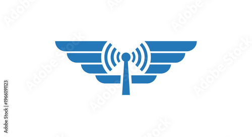 Blue winged WiFi signal logo symbol.