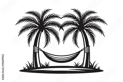 Monochrome Vector Graphic of a Hammock Tied to a Palm Tree Silhouette Design