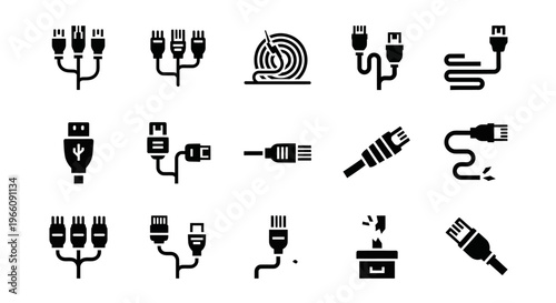 Electric cable icons, USB connector symbols, plug and socket illustrations, black vector set