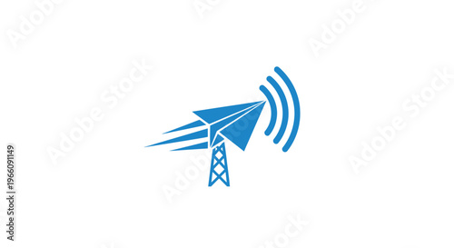 Blue wireless communication signal tower icon.