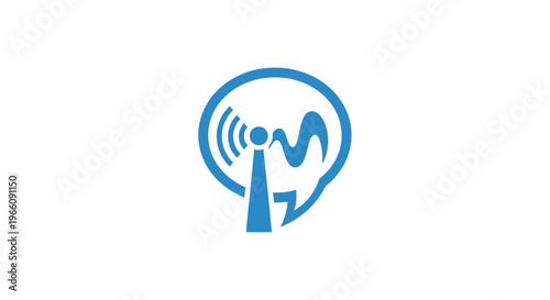 Blue wireless communication signal icon symbol.