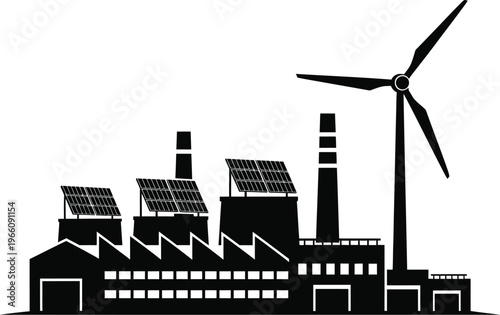 Industrial factory silhouette with wind turbine and solar panels for sustainable energy