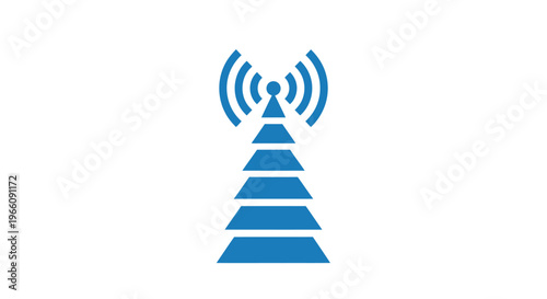 Blue wireless communication signal tower icon.