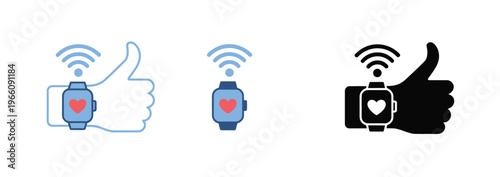 Smartwatch icons with thumbs up and wireless signal, technology and wearable device concept