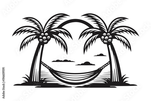 Beachside Relaxation Silhouette with Tropical Palm Tree and Hammock Vector Graphic