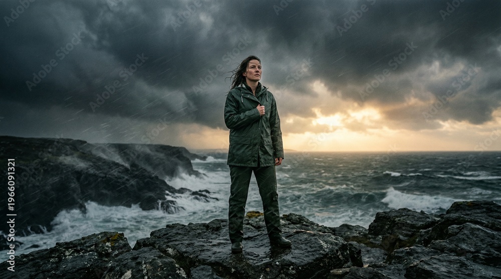 Fototapeta premium A determined woman standing on a rocky coast under a dramatic sky, embodying resilience and strength amidst the elements
