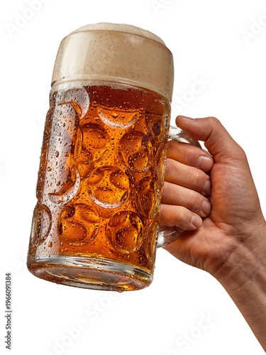 close up of a male hand holding a frosty dimpled glass beer stein on a transparent background