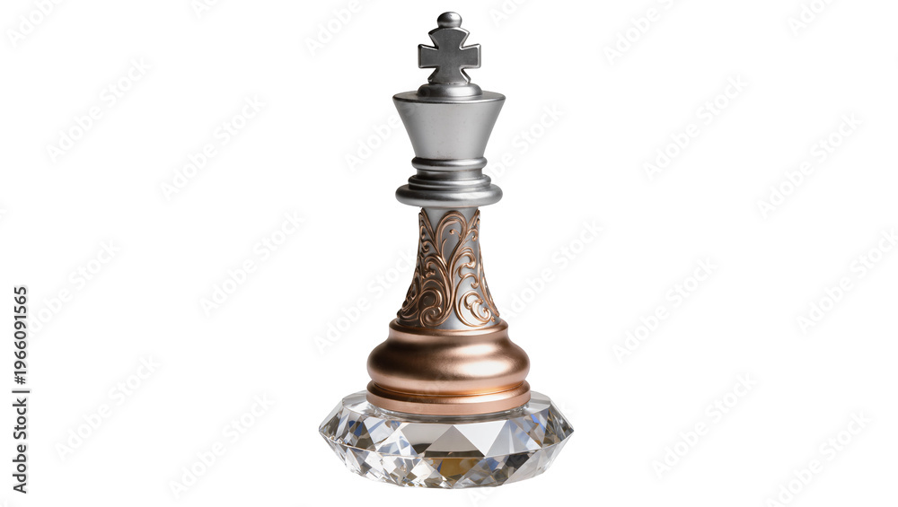 Fototapeta premium Regal silver and bronze chess king piece intricately patterned standing on a faceted clear crystal base, isolated on transparent background