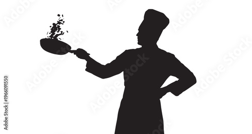 Chef Tossing Silhouette vector graphic illustration of a professional chef wearing a toque skillfully tossing food from a frying pan against a stark white background with dynamic action.