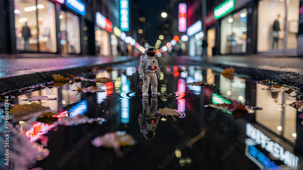 Obraz premium Astronaut figurine standing in rain puddle on city street at night 